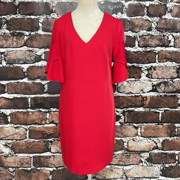 Trina Turk Dress Red Knee Length Sheath V-Neck Bell Sleeves Size 2 - Picture 7 of 16